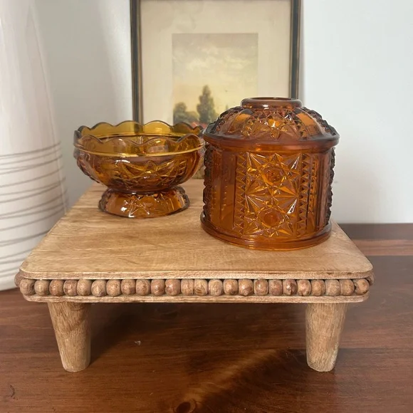 Vintage Indiana Glass Stars and Bars Amber Fairy Lamp - Picture 2 of 4